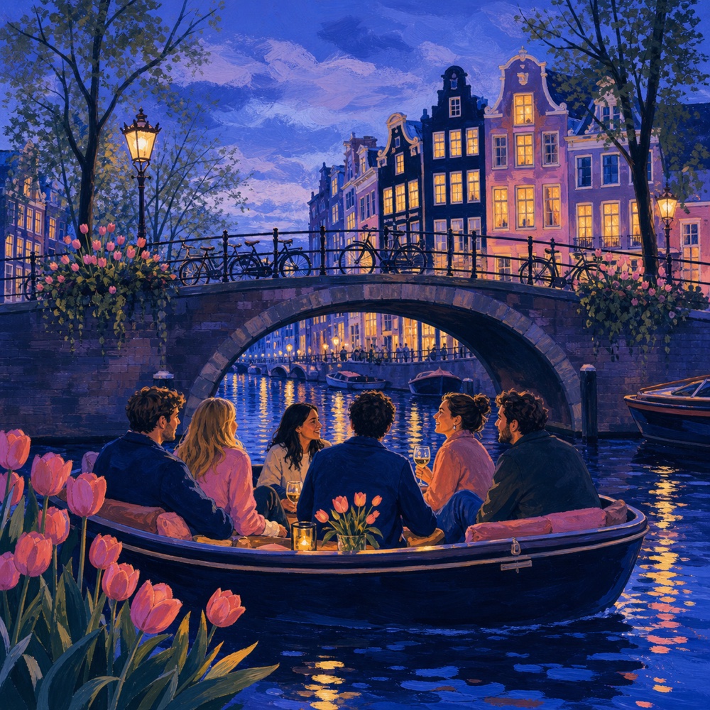 Friends sharing a boat on an Amsterdam canal at dusk