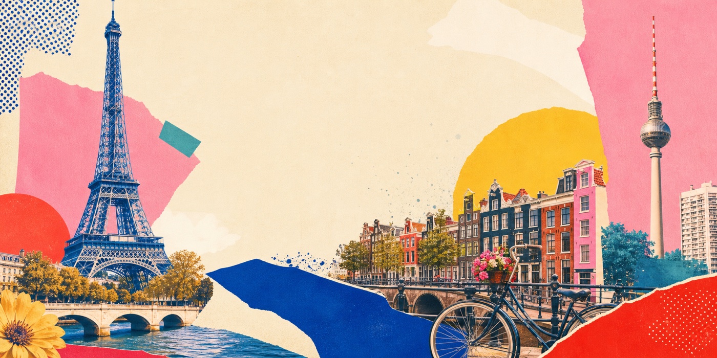 Torn-paper travel poster of Paris, Amsterdam, and Berlin on cream paper
