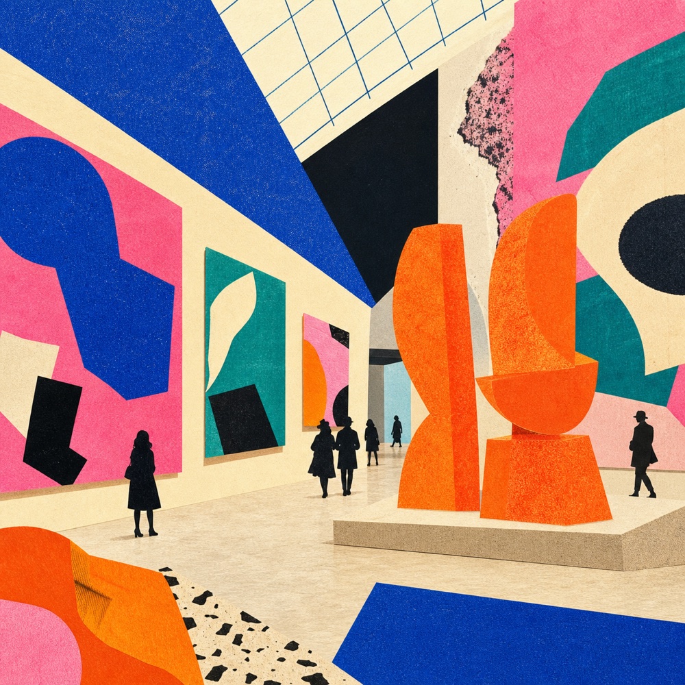 Paper-cut gallery hall with travelers walking through colorful rooms